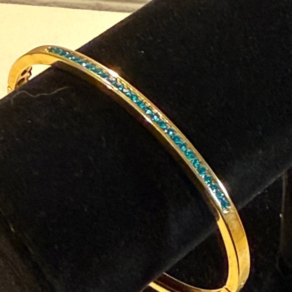 Gold Tone Bangle Bracelet with Blue Rhinestones - Women's Jewelry - Picture 2 of 7